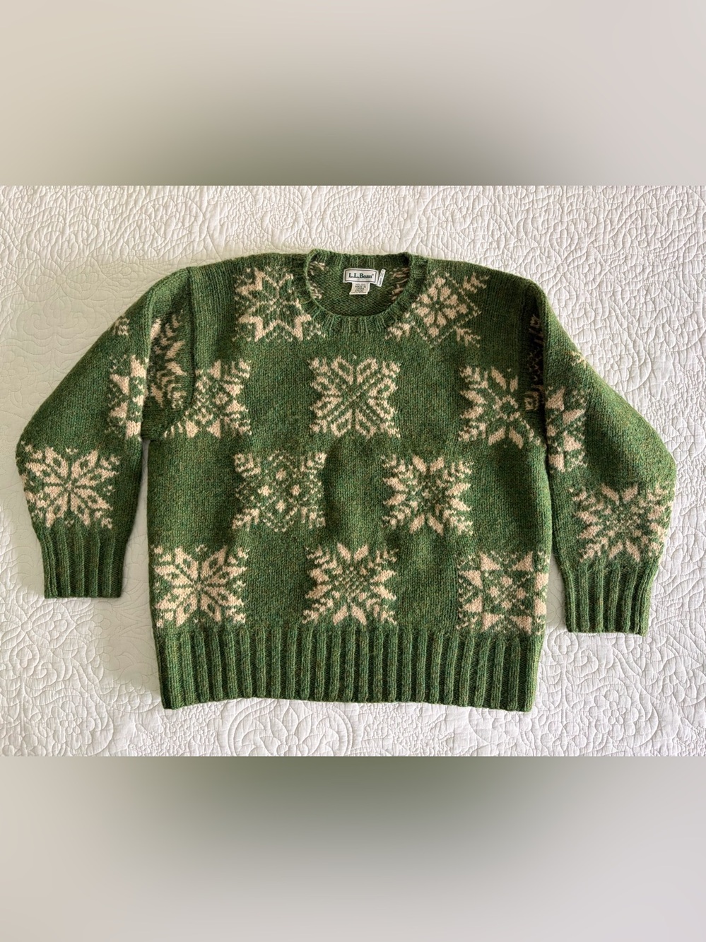 Vintage L.L. Bean Green Wool Nordic Snowflake Sweater